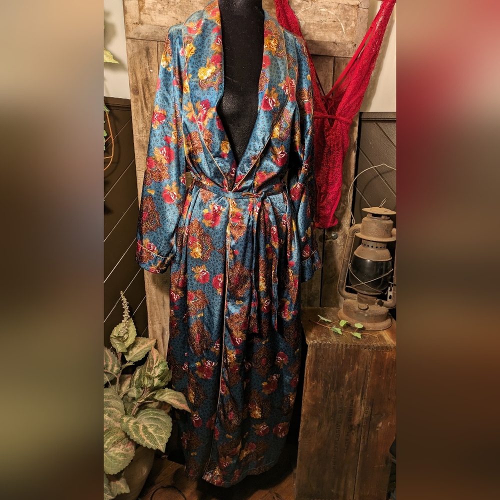 Floral Satin Long Robe with Belt - Teal & Red
